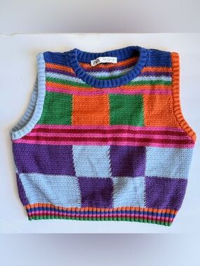 Zara Patchwork Knit Crotchet Vest Jacquard Knit Colorful Block Size Medium
